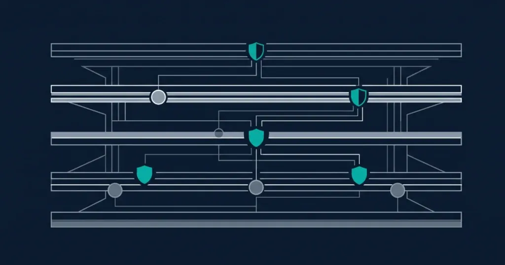 Editorial abstract illustration of layered responsible gambling technology controls integrated into iGaming platform architecture