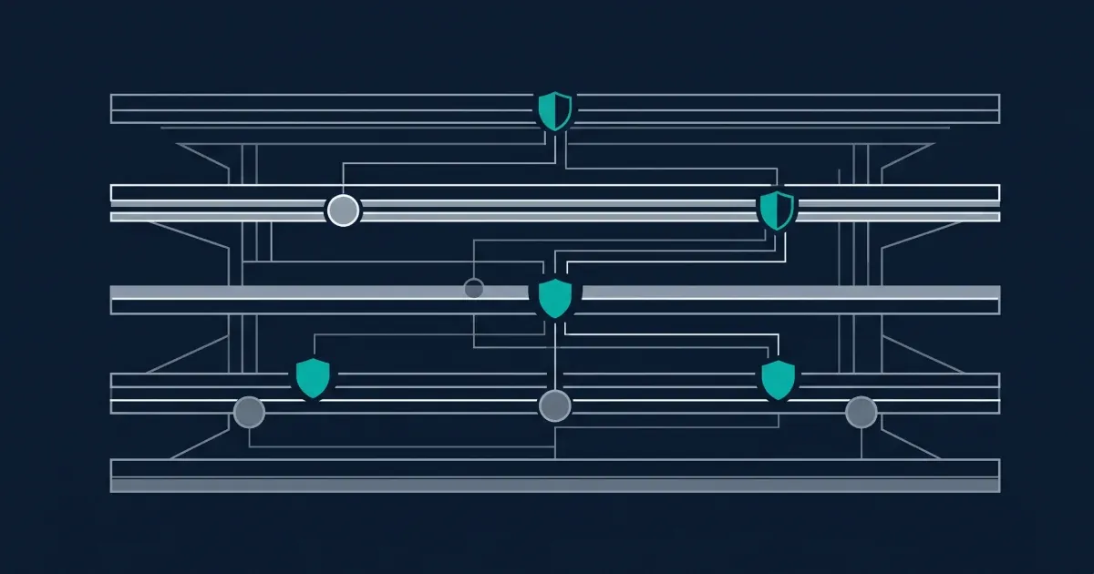 Editorial abstract illustration of layered responsible gambling technology controls integrated into iGaming platform architecture