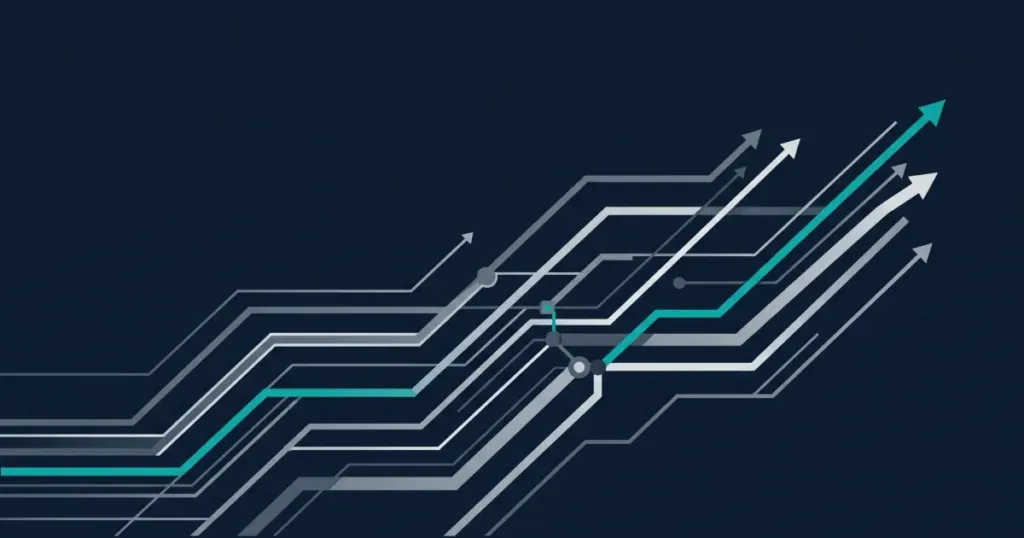 Editorial abstract illustration of converging trend lines representing iGaming industry trends shaping 2026