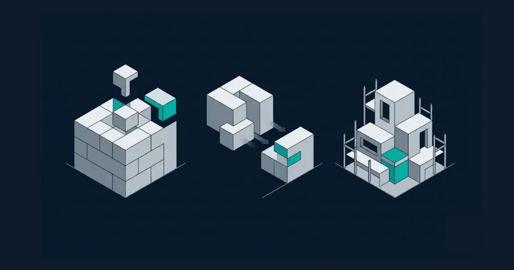 Isometric illustration showing three iGaming platform modernisation approaches: extending an existing structure, migrating between platforms, and rebuilding from the ground up