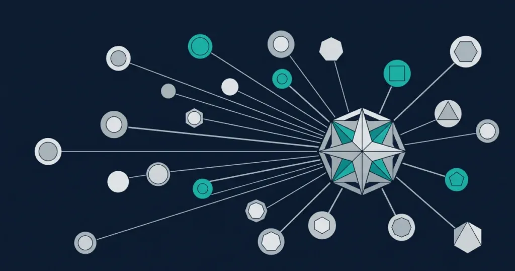 Editorial abstract illustration of structured stakeholder alignment converging on an iGaming platform vendor selection decision