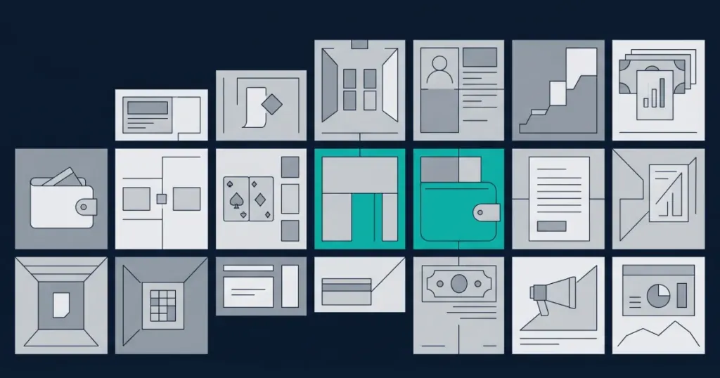Editorial abstract illustration of modular casino platform components with different sizes representing varying component costs and complexity