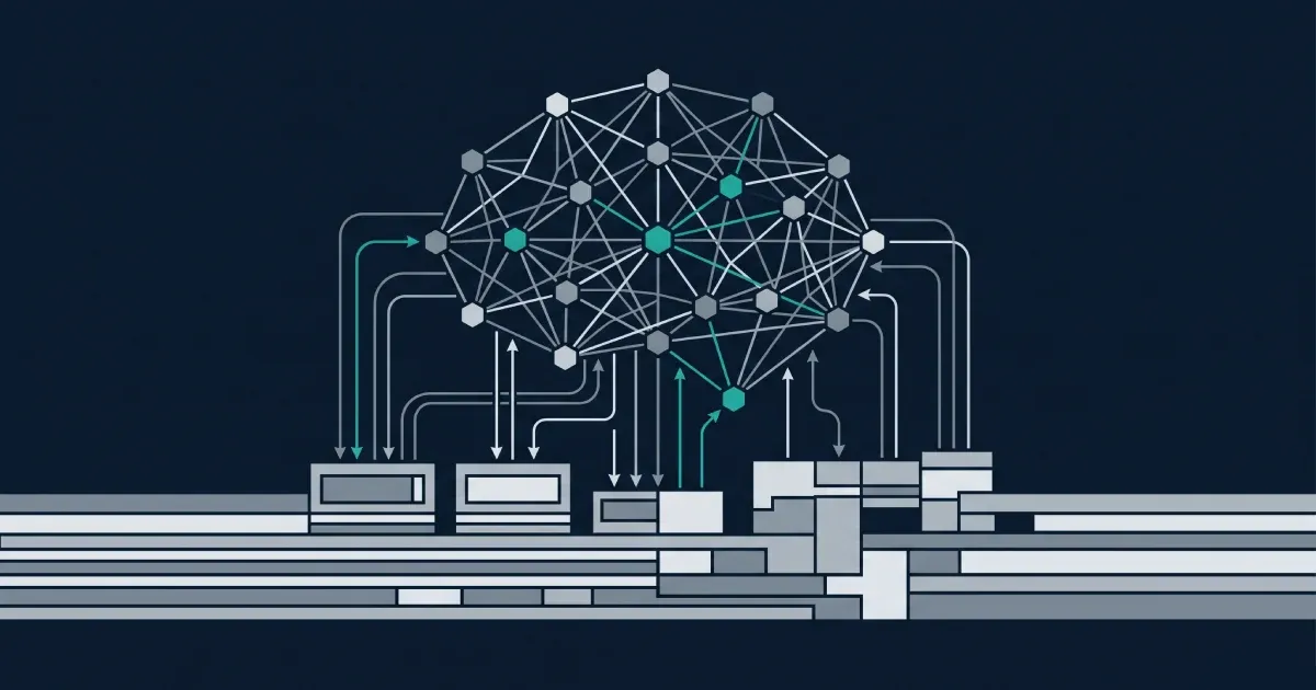 Editorial abstract illustration of AI integrated into iGaming platform architecture, showing a neural network layer connected to a structured platform foundation via real-time data flows