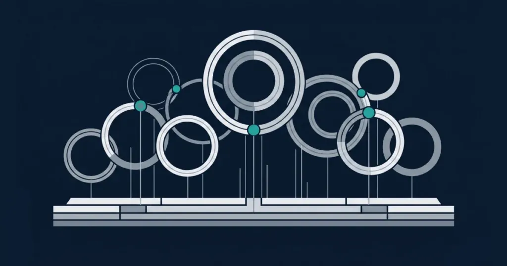Editorial abstract illustration of layered gamification engagement mechanics built on iGaming platform architecture