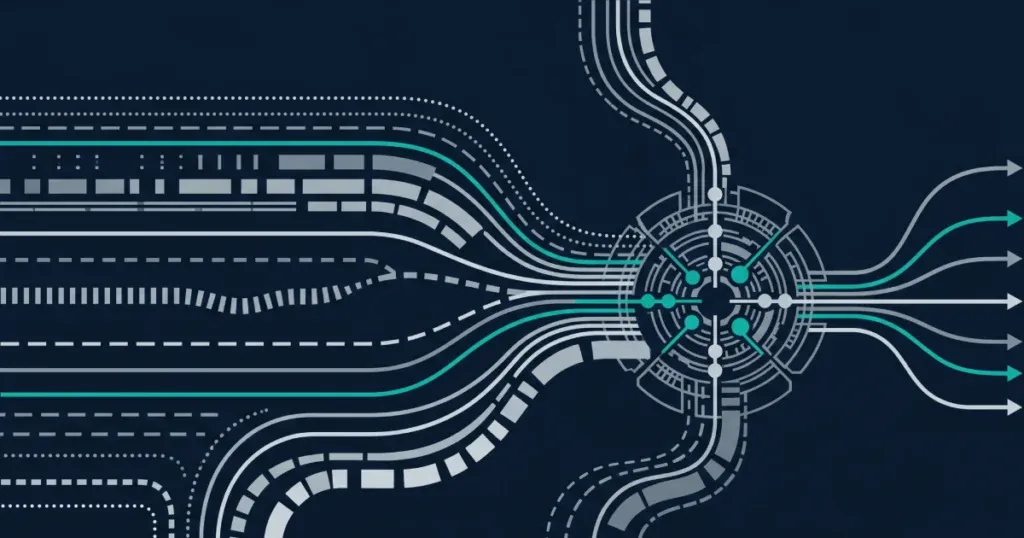 Editorial abstract illustration of player signal streams converging into a unified decisioning engine in an iGaming personalisation platform
