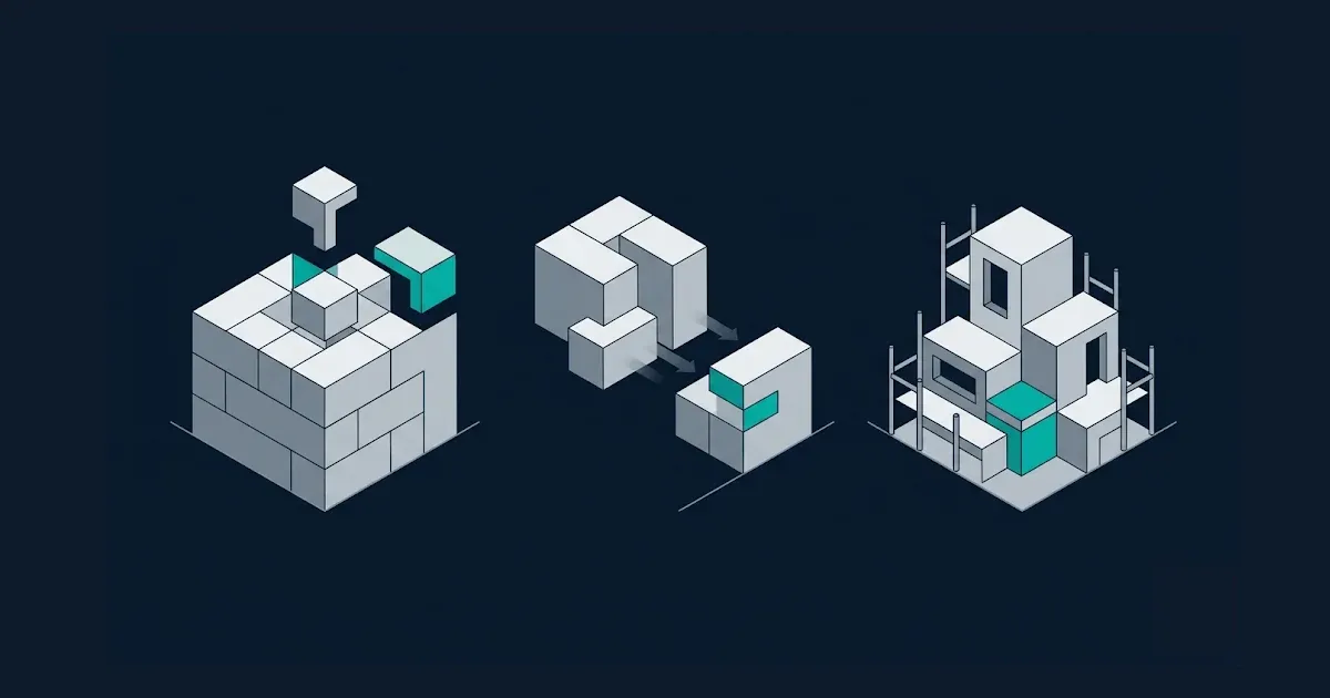 iGaming Platform Modernisation: Rebuild, Migrate or Extend Isometric illustration showing three iGaming platform modernisation approaches: extending an existing structure, migrating between platforms, and rebuilding from the ground up