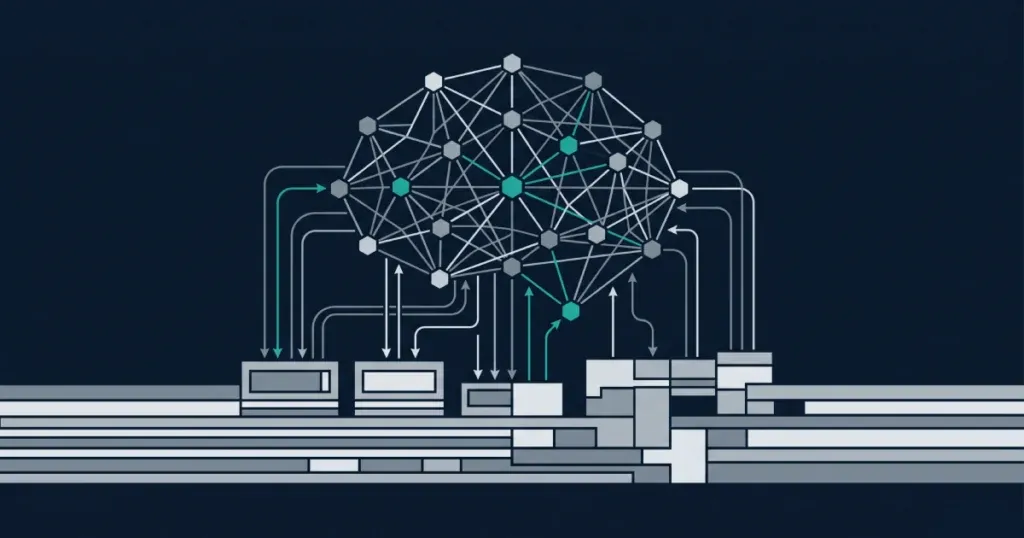 Editorial abstract illustration of AI integrated into iGaming platform architecture, showing a neural network layer connected to a structured platform foundation via real-time data flows