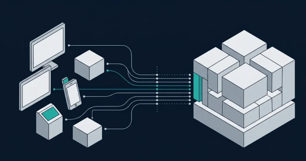 Architectural diagram showing the headless casino platform pattern, with multiple frontend interfaces connected to a single backend platform layer via an API gateway