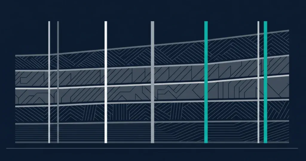 Editorial abstract illustration of time-layered cost accumulation across a 5-year horizon for iGaming platform total cost of ownership