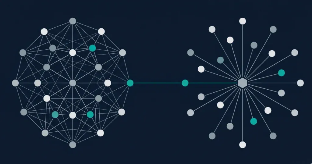 Editorial abstract illustration of two team structures — in-house cluster and outsourced partner model — converging on iGaming platform delivery