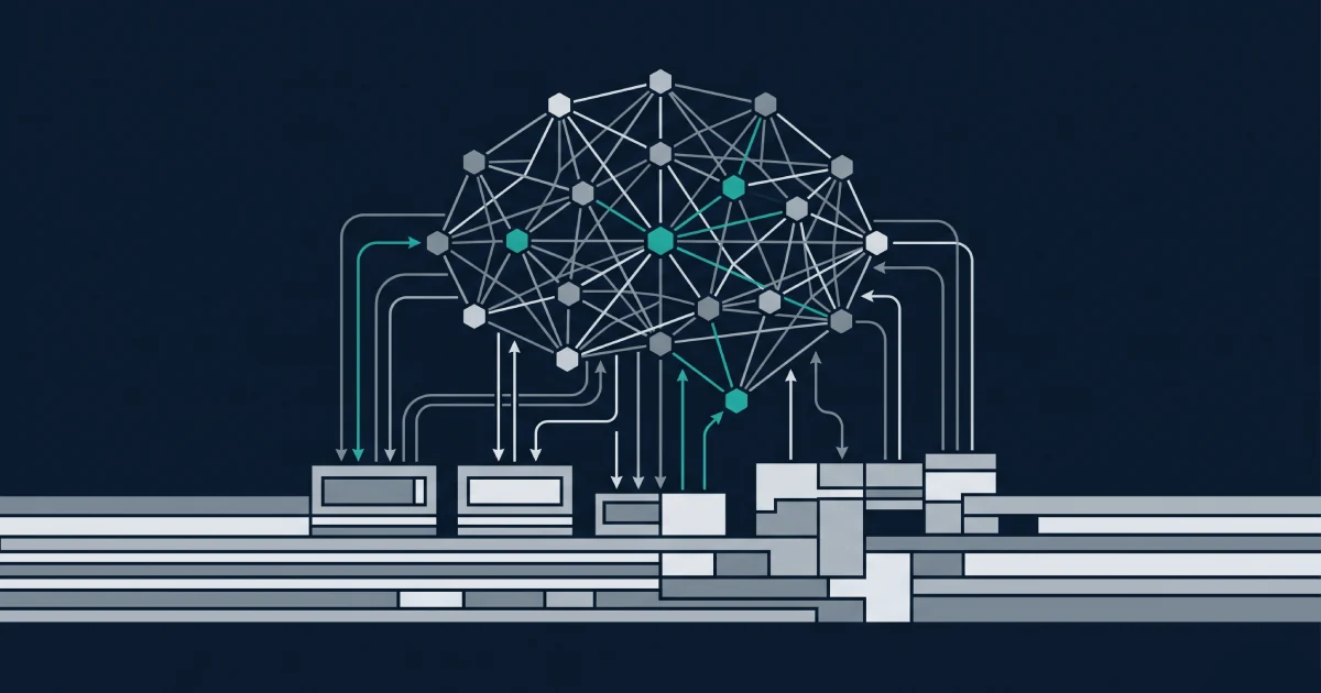 Editorial abstract illustration of AI integrated into iGaming platform architecture, showing a neural network layer connected to a structured platform foundation via real-time data flows