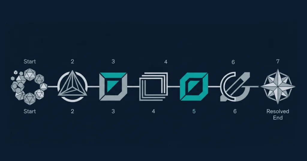 iGaming Platform Vendor Selection 5 Editorial abstract illustration of a seven-stage selection journey for choosing an iGaming platform provider, with progression through decision gateways