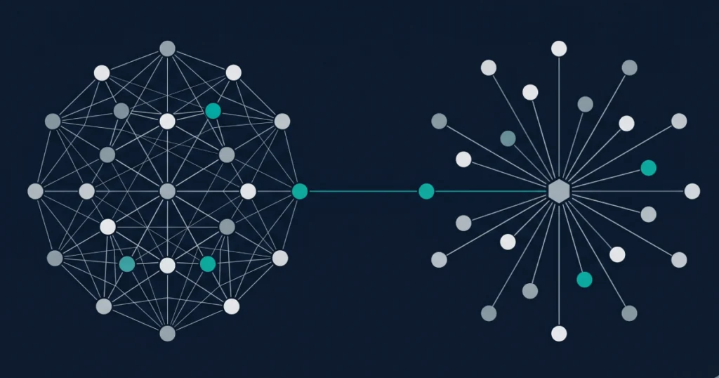iGaming Platform Total Cost of Ownership 5 Editorial abstract illustration of two team structures — in-house cluster and outsourced partner model — converging on iGaming platform delivery