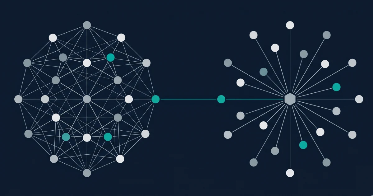 Editorial abstract illustration of two team structures — in-house cluster and outsourced partner model — converging on iGaming platform delivery