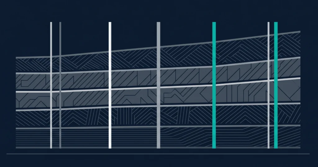 iGaming Outsourcing vs In-House 6 Editorial abstract illustration of time-layered cost accumulation across a 5-year horizon for iGaming platform total cost of ownership