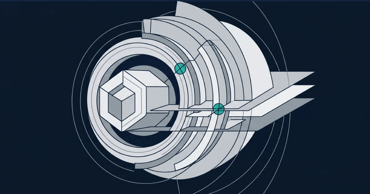 Editorial abstract illustration of structured multi-dimensional verification of an iGaming platform vendor across technical, regulatory, financial, and reference dimensions