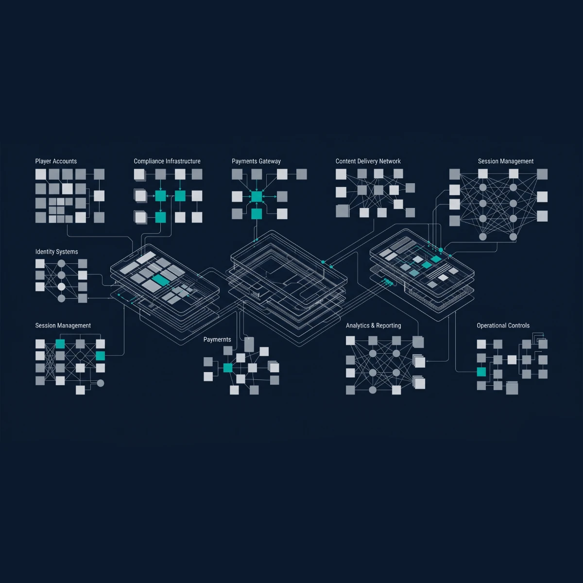 Editorial abstract illustration of mobile gaming architecture for regulated iGaming operators across iOS and Android