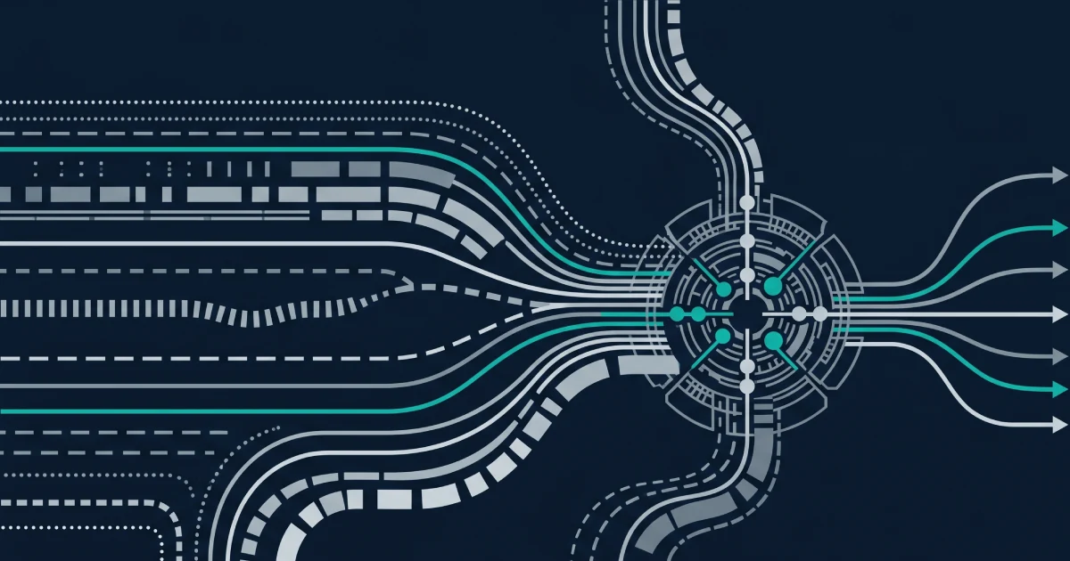 Editorial abstract illustration of player signal streams converging into a unified decisioning engine in an iGaming personalisation platform